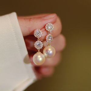 New Korean Light Luxury Imitation Pearl Flower Earrings For Women Shiny Crystal Zircon Jewelry Wedding Party Gifts