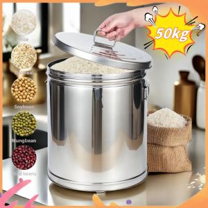 304 Stainless Steel Rice Storage With Cover Large Capacity Rice Bucket 5/10/15/25kg Rice Dispenser Sale Rice Storage Insect-Proof Moisture-Proof Container 304 Thickening Sealed Rice Bucket For Kitchen Storage Box