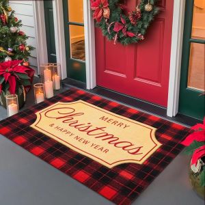 VIKAMA Christmas Door Mat Red Golden Merry Christmas New Year Snowflake Print Non Slip Rug For Front Door Porch Entry Decor