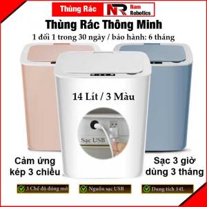 Thùng Rác Cảm Ứng Tự Động Thông Minh Pin Sạc Cổng USB Bản Nâng Cấp 2022 Cảm Ứng Kép 3 Chiều Dung tích 14L Chống Nước
