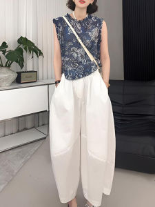 Shalldoer | Casual Summer Two-Piece Set Womens Loose Fit Straight Leg Pants Sleeveless Shirt Wooden Edge Trim Splice Outfit Ensemble