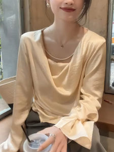 QINGNAER | Champagne Flutter Sleeve Satin Blouse
