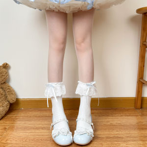 Cute Red Lace Butterfly Knot Socks Girls Mid-Calf Stockings Breathable Comfortable All Season Korean Style Home Fashion