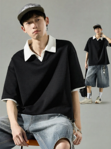SZON | Color Contrast Heavy Weight Short Sleeve Vintage Faux Two-piece Loose Casual V-neck Polo Shirt