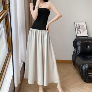 ชุดเดรสยาวคลุมสะโพกแขนกุดคอวีทรงเอผ้าลินินฤดูร้อน กระโปรงทรงเอเอวสูง กระโปรงยาวคลุมเข่า ชุดเดรสยาวคลุมสะโพก