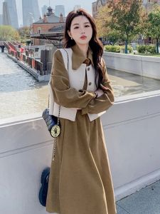 This Years Popular Dress Suit Womens Autumn 2024 New Arrival Long Sleeves Maillard Wear Vest Shirt Dress Two-piece Set