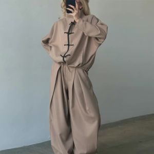 Retro Solid Womens 2026 Autumn New Chinese Stand-up Collar Drawstring Long-sleeved Jacket + High Waist Long Pants Two-piece Set