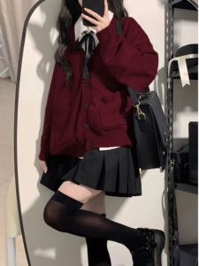 Bộ Bốn Món Áo Len Cardigan Đỏ Rượu Vang Mùa Thu Đông Cho Nữ Áo Khoác Ngoài Phong Cách Hàn Quốc Áo Khoác Ngoài Rộng Rãi Áo Khoác Ngoài Thời Trang