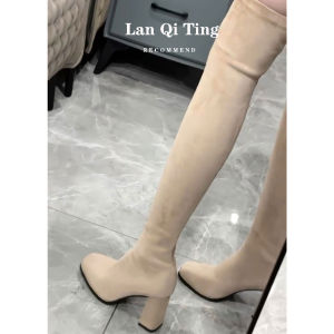 Giày Bốt Cao Đến Đầu Gối Cho Nữ Giày Bốt Cao Gót Đế Dày Đế Cao Su Mùa Đông Giày Bốt Da Lộn Mũi Vuông Giày Bốt Co Giãn