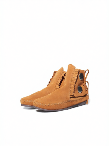Minnetonka | Leather Soft Casual Short Boots with Fringe and Button Design