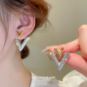 Chic Gold-Plated Silver Needle Earrings French Style Full Diamond Two-Piece Design Sweet Airy Trendy Jewelry for Women