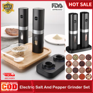 ⭐️【Local warehouse+COD】⭐Electric Salt And Pepper Grinder Set Stainless Steel Pepper Mill USB Rechargeable Adjustable Coarseness Auto Grinders With Charging Base Blue LED Light One-Handed Operation