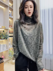 เสื้อเชิ้ตคอตั้งลายลูกไม้สไตล์เกาหลีสำหรับผู้หญิงในฤดูใบไม้ผลิและฤดูใบไม้ร่วง ทรงเข้ารูป เสื้อชั้นในแบบมีโครง แขนยาว ความยาวปานกลาง