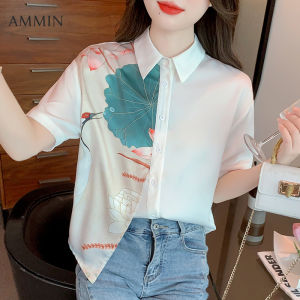 Ammin đơn giản Mới Mùa Hè ve áo thời trang cá tính in hoa ngắn tay khâu đính đi lại áo cánh vải voan nữ phong cách phiên bản Hàn Quốc Một hàng khuy bất thường thoải mái Áo Blouse thanh lịch