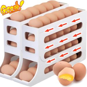 กล่องเก็บของไข่ม้วนสี่ชั้นความจุขนาดใหญ่ที่ใส่ราวแขวนไข่อัตโนมัติตู้เย็นห้องครัวเก็บกล่องใส่ความสดใหม่
