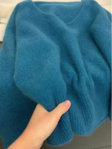 Blue V-neck Soft Glutinous Faux Raccoon Velvet Sweater for Women Fall and Winter Loose and Lazy Style Pullover Knitwear Fancy Tops