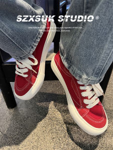 Mens Trendy Breathable Red Canvas Shoes Low Cut Youth Style Flat Heel Korean Version Sewing Line Detail Four Season Wear