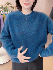 QINGNAER | Soft Comfortable Knit Sweater Loose Plus Size Casual Blue