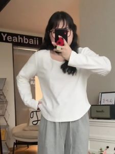 plus Size U-Neck Long Sleeve White T-Shirt Womens Autumn New Style Conceal Meat Slimming Base Shirt Inner Wear Top