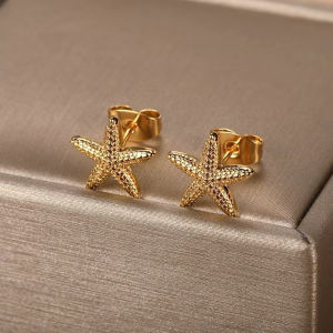 1Pairs Gold Plated Stainless Steel Textured Starfish Stud Earrings for Women Tarnish Resistant Waterproof Hypoallergenic Jewelry