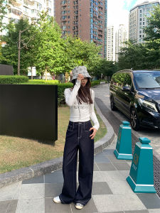 Deep Blue Retro Sewing Line Wide Leg Jeans Women High Waist Drapey Versatile Casual Floor Length Straight Cut Long Trousers