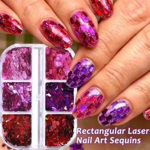 6 Grids Red Pink Purple Rectangle Nail Glitter Sequins Holographic Metallic Long Bar Nail Flakes DIY Nails