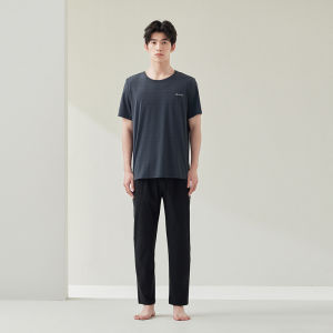 HLA | Mens Ice Silk Breathable Mesh Thin Short Sleeve Sleepwear Pants Home Clothes Set Comfortable Lightweight Summer Nightgown