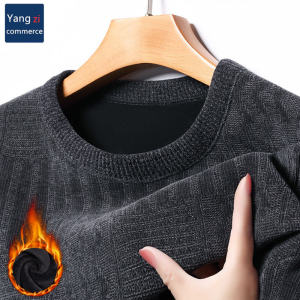 Winter Fleece-lined Men Chenille Sweater Mens Heattech round Neck Base Knitwear Green Middle-Aged Cashmere Sweater