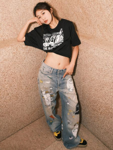 Chic Straight Leg Cartoon Print Jeans Womens Versatile Loose Fit Wide Leg Pants Casual Comfortable Breathable Denim Jeans