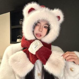 Thickened Winter Bear Plush Hat Scarf Set Womens Cute Ear Protection Cycling Cap Warm Breathable Sweet Style Non-Folding Outdoor