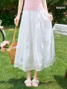 HEYINI | High Waist Slimming A-line Lace and Tiered Half Skirt White