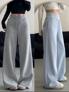 Quần Nỉ Thể Thao Màu Xám Dài 180cm Cạp Cao Cho Nữ Mùa Thu Phong Cách Mới Quần Ống Rộng Kiểu Mỹ Rộng Rãi