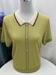 Ice Silk Knitted Top Short Sleeve Loose Fit Lightweight Mommy Style Summer T-Shirt for Middle-Aged Women Fashionable Polo Neck