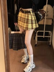 Váy Ngắn Kẻ Caro Cạp Cao Phong Cách Mỹ Cho Nữ Cỡ Lớn Váy Chữ a Xếp Ly Ngắn Váy Công Sở Mùa Xuân 2024 Váy Ngắn Xếp Ly