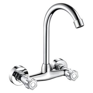 Kitchen Wall-Mounted Double Hole Faucet Copper Wash Basin Cold And Hot Mixed Valve Laundry Sink Anti-Freeze Ceramic Valve Core