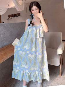 2025 Summer Anti-Bulge Long Sleeveless Womens Sleepwear Sweet Home Clothes Cotton Silk Fabric Print Design Large Size