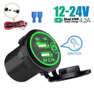 4.2A Dual USB Ports Fast Charging Socket 12V 24V Waterproof Car Charger with Touch Switch 60cm 10A Fuse Cable