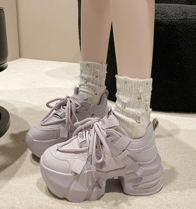 Spring 2024 Genuine Leather Thick Sole Platform Shoes Super High Heel Shoelace Slim Looking Show Feet Small White Shoes Dad Shoes Sneaker Womens Shoes