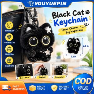 Youyuepin vải nhung mềm mại màu đen Móc Chìa Khóa Mèo Fluffy búp bê mèo con Mặt dây chuyền cho ba lô Ví dây móc điện thoại sáng tạo móc khóa hình động vật chủ trang trí nội thất xe hơi