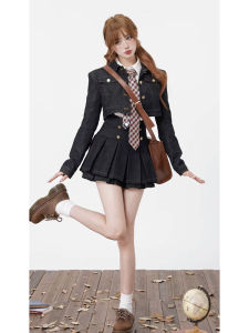 Strive Sweet And Spicy School Style Denim Jacket And High Waist Pleated Skirt Set Womens Summer Design Sense plus Size