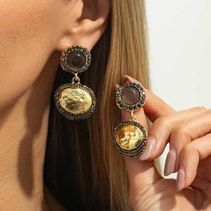 SHIXIN Vintage Inlaid Rhinestone Oval Drop Earrings for Women Luxury Geometric Round Pendant Earrings Party Fashion Jewelry Gift