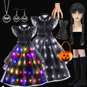 Merlina Đèn LED Lên Đầm Bé Gái Trang Phục Đen Mềm Gạc Váy Halloween Carnival Phục Sinh Thứ Tư Chủ Đề Trẻ Em Cosplay Đầm 4-6Y