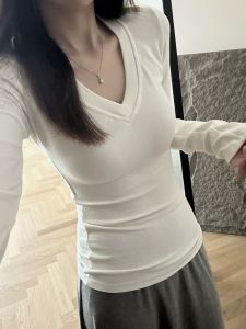 QIAOCHENXIAN | Pure Cotton V-Neck Long Sleeve T-Shirt for Women
