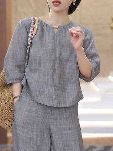 Summer 2025 Casual Comfortable Pure Color Five-Quarter Sleeve Top And Wide Leg Pants Two-Piece Set Fashionable Versatile Womens Ensemble