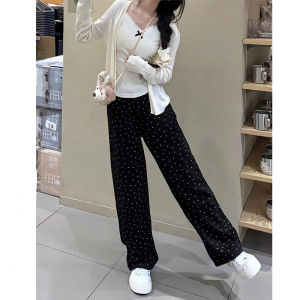 กางเกงยีนส์ขาตรงลายจุดสีดำบางหลวมๆ สำหรับผู้หญิง กางเกงขายาวทรงหลวม ทรงหลวม กางเกงขายาวทรงเข็มขัดสูง ทรงเข้ารูป