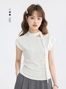 Slimming Short T-Shirt with Draped Hollow out Sleeveless Neck Design Sweet And Spicy Style Knitted Fabric for Young Women