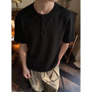 JIARONG | Henley Collar Linen Short Sleeve T-Shirt 5/4 Length Sleeves Mens Casual Loose Style Top