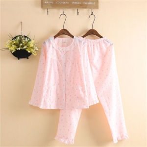 Japanese Cute Strawberry Thin Long Sleeves Pajamas Womens Spring and Summer Woven Washed Cotton Pajamas Home Wear Suit
