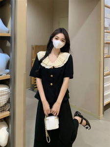 plus Size Korean Style Womens Fashion Set Short Sleeve Pleated Collar Top High Waist A-Line Mini Skirt Two-Piece Summer Outfit