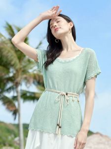 Basic House | Tencel Hollow Lace Slim Short Sleeve Knitwear